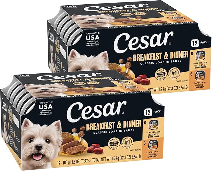 Cesar Classic Loaf in Sauce Adult Wet Dog Food, Breakfast and Dinner with Grilled Steak & Eggs Flavor, and Chicken & Liver Flavor, 3.5 oz. Easy Peel Trays, Variety Pack (12 Count, Pack of 1)