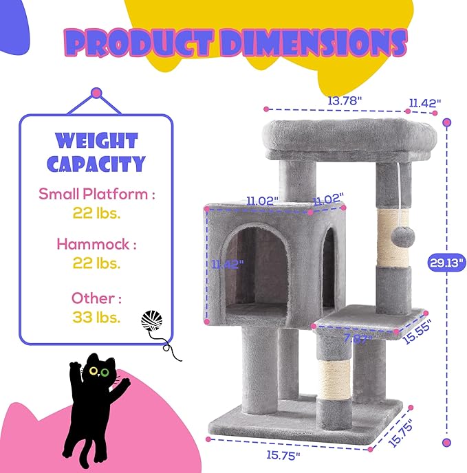 SHA CERLIN 29in Cat Tree for Indoor Cats, Multi-Level Cat Tower with Large Perch, Cozy Condo, Playful Toy Balls, Sisal Scratching Posts, Stable Pet Furniture Activity Center, Space-Saving, Light Grey