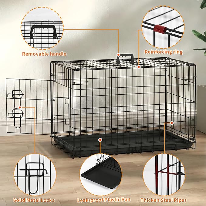 FDW Dog Crate 36-Inch Dog Cage Single Door Foldable Metal Kennel with Leakproof Tray Foldable Design Indoor Outdoor Use for Medium Dogs,Dark Black