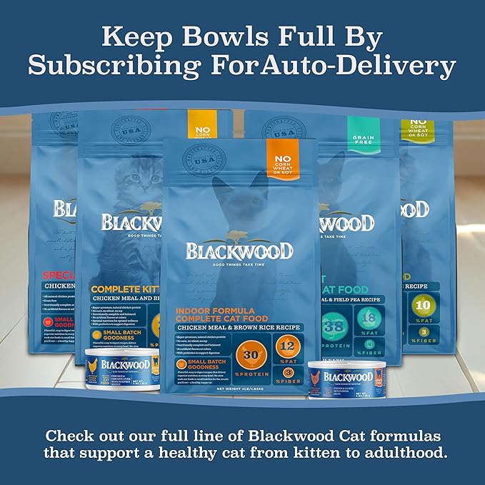 Blackwood Dry Cat Food, Indoor Formula, Chicken Meal & Brown Rice Recipe, 4 Pound Bag, High Protein, Slow Cooked