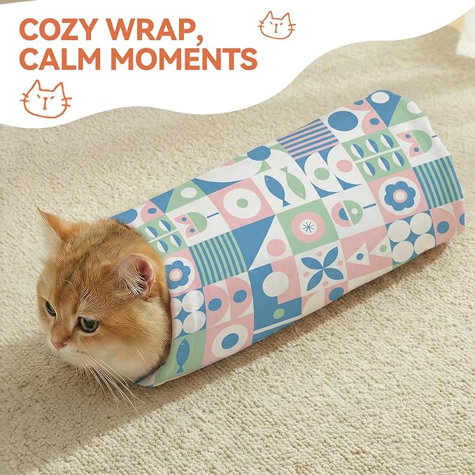 BFNN Cat Grooming Wrap for Cutting Nails, 21.6" Anti-Escape Calming Cat Swaddle Wrap for Medicine, Nail Clipping, Teeth Brushing, Ear Cleaning, Self-Adherent Burrito Restraint, (Geometric Fish, M)