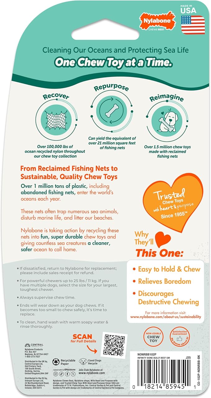 Nylabone Love Our Oceans Infinity Braid Bone Power Chew Toy for Dogs, Recycled & Sustainable Dog Chew Bones, Made in USA, Bully Stick Flavor, Small Dog Toys - Up to 25lbs, 1 Count