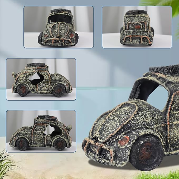 WishLotus Car Wreckage Aquarium Cave Decoration, Resin Fish Tank Decorations Creativity Sinking Car Fish Shelter for Aquatic Pets Hide and Breed (CAR 1)