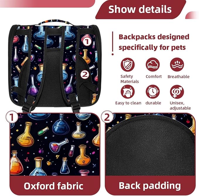 Chemistry Science Laboratory Colorful Pet Cat Backpack Carrier for Kitty Small Dog, Ventilated Pet Carrier Bag for Car, Walking, Hiking, Outdoors