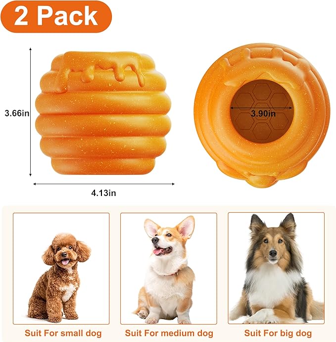 Durable Dog Toys 2 Pack, Fillable Dog Treat Dispenser and Enrichment Peanut Butter Frozen Licking Toys in Honey Pot Shape, Boredom Killing and Mental Stimulation Toys for Large Dogs to Keep Them Busy