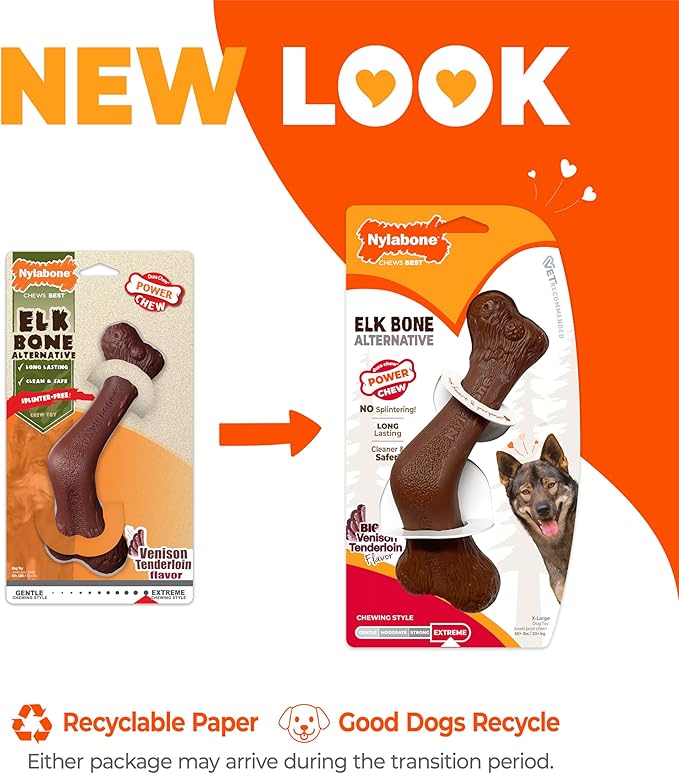Nylabone Elk Bone Alternative Power Chew Toy for Dogs, Dog Toys for Aggressive Chewers, Venison Flavor, X-Large - 50+ lbs, 1 Count