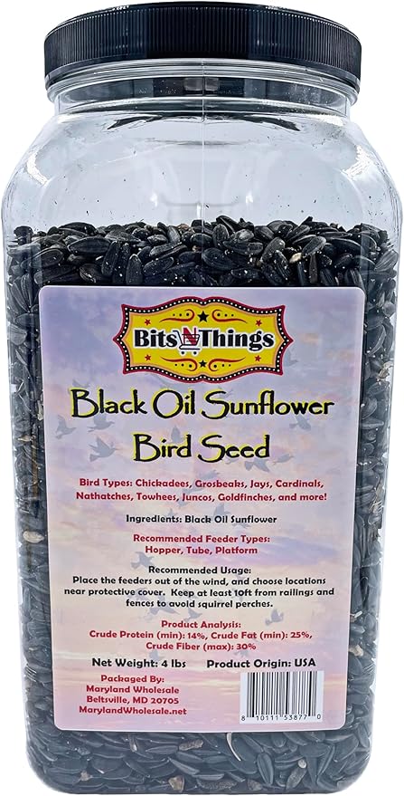 Bits N Things Wild Bird Food | Made in USA & All Season | (4 lbs., Black Oil Sunflower Seed)