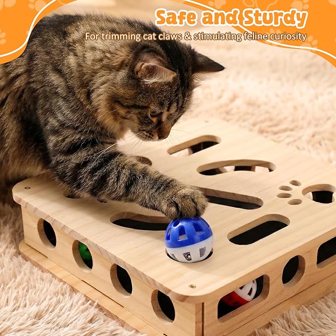 2026 Cat Scratch Puzzle Enrichment Box, Cat Nail File Enrichment Box, Includes Replacement Sandpaper, 3 Bell Balls & 1 Teaser Wand,Wooden Puzzle Treat Toy Box Stimulate Cat Instincts for Bored Cats