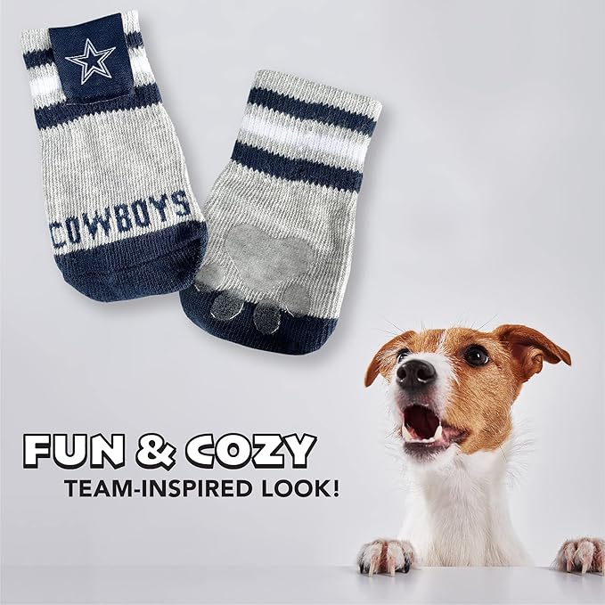 NFL Dallas Cowboys Anti Slip Dog Socks with Elastic Ribbed Top, Size X-Small/Small. Indoor/Outdoor Socks, Best Dog Paw Protector, 2 Pairs, Cool Puppy Supplies with NFL Logo of Cowboys Football Team