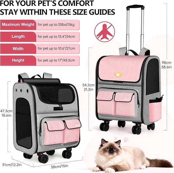 MGB Large Pet Carrier, Foldable Rolling Dog Carrier with Removable Wheels, Cat Rolling Bag 21.3"x15"x12.2" for 2 Cats & 1 Dog for Travel, Outdoor, Vet Visits, Camping, Indoor. Pink. (Not for Airline)