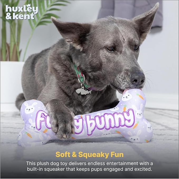Huxley & Kent Funny Dog Toy w/Squeaker – Power Plush Squeaky Dog Toys for Small, Medium & Large Dogs – Soft Stuffed Animal for Indoor Play & Fetch - Funny Bunny Bone, Large