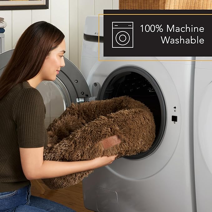 Town & Country Luxe CuddleTown Fuzzy Solid Donut Pet Bed, Soft, Cozy & Calming, Non-Slip Bottom, 100% Machine Washable, Brown, Medium 28"x28"x7" Round