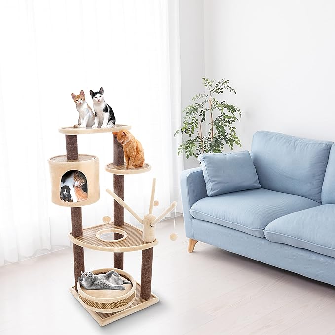 6-Tier Cat Tower- Cushioned Pet Bed, Napping Perches, Kitty Condo Hut, and Spring Arms with 3 Hanging Toys Fully Carpeted by PETMAKER (Brown/Beige)