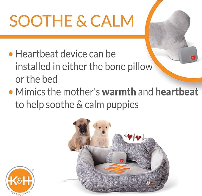 K&H Pet Products Mother’s Heartbeat Heated Puppy Bed Heated Bed + Bone Pillow Gray Medium Breed Heartbeat 13 X 16 Inches