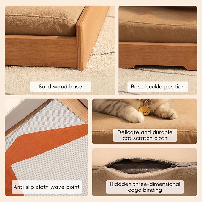 GDFStudio 24.8" Modern Wooden Pet Bed for Cats and Dogs, Oak Veneer Frame with Washable Cushion, Scratch-Resistant Fabric, Elevated Pet Sofa Bed with Non-Slip Feet and Hanging Toy for Indoor Pets