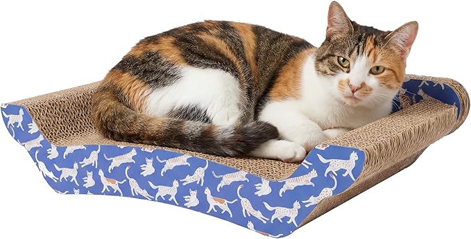 Kitty City Corrugate Sofa Lounger Cat Scratcher - Couch Bed Scratch Pad, Horizontal Nail File Scratch Mat for Indoor Cats, Sturdy Construction Cat Toy - Orange Kitty Pattern, 17” x 9.5”