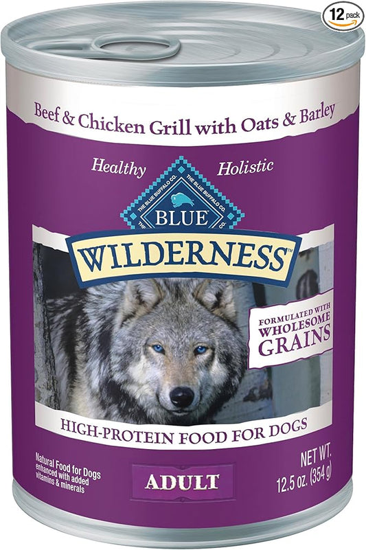 Blue Buffalo Wilderness Adult Wet Dog Food with Wholesome Grains, Made with Natural Ingredients, Beef & Chicken Grill, 12.5-oz. Can (12 Count)