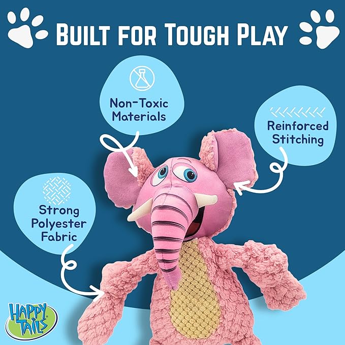 Happy Tails 13" Woolie Elephant Dog Toy for Medium to Large Dogs - Durable Polyester with Squeaky Sound and Reinforced Stitching for Interactive Play and Chewing