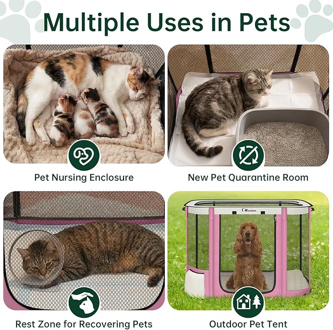 Siedihit Dog Cat Playpen Crate with Washable Pee Pad, Reinforced Durable Dog Cage, Portable Foldable Pet Kennel with Breathable Visibility (Pink, Large)