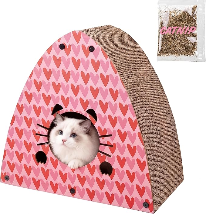 CSR1006C Koko 19" Modern Cardboard Triangle Cat Cave Scratcher with Catnip, Pink/Red, 2-in-1 Corrugated Cat House Hideaway & Scratching Board for Cats, Durable Furniture Protector