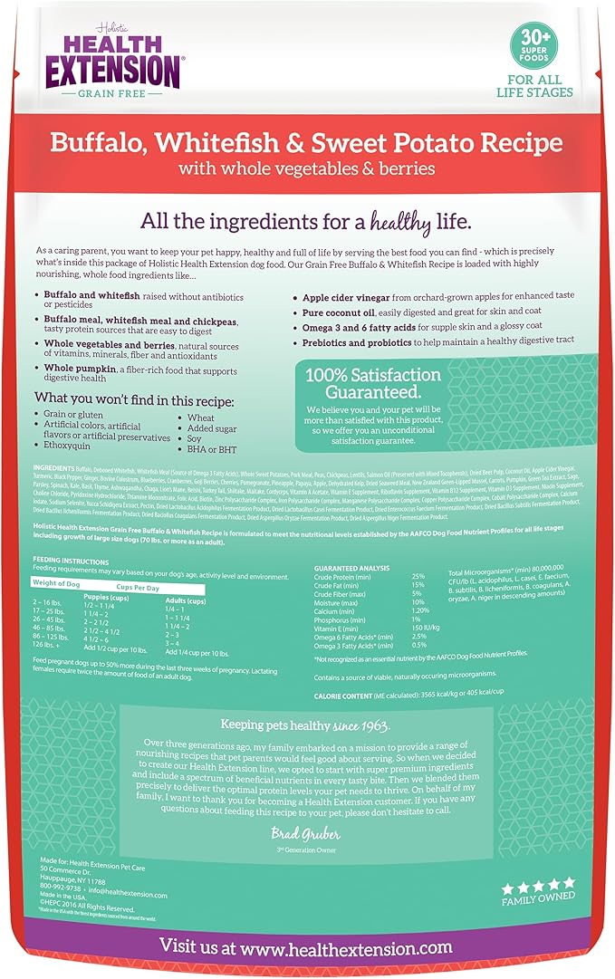Health Extension Grain Free Buffalo & Whitefish Dry Dog Food - 30+ Superfoods and Probiotics for All Life Stages, 4 lb Bag