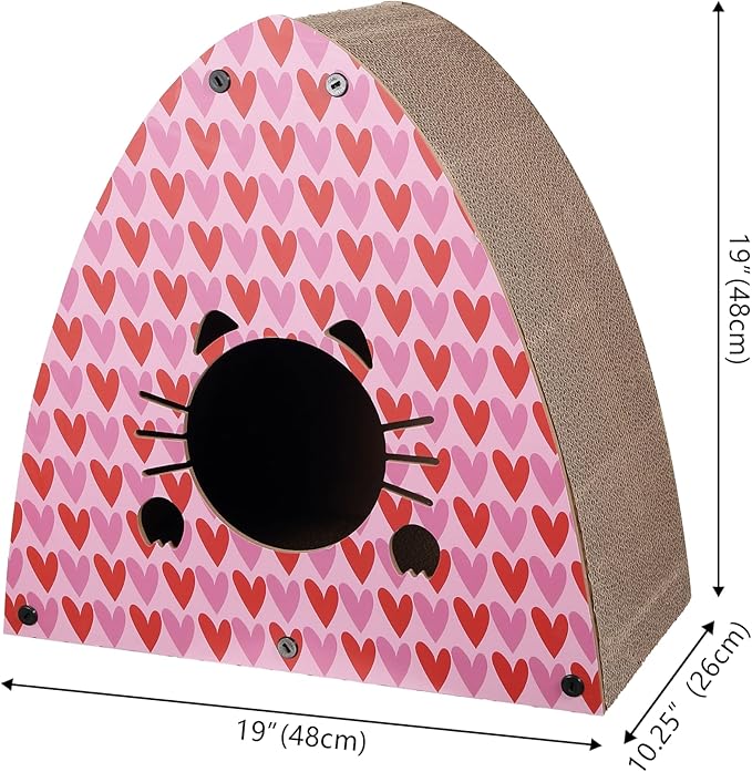 CSR1006C Koko 19" Modern Cardboard Triangle Cat Cave Scratcher with Catnip, Pink/Red, 2-in-1 Corrugated Cat House Hideaway & Scratching Board for Cats, Durable Furniture Protector