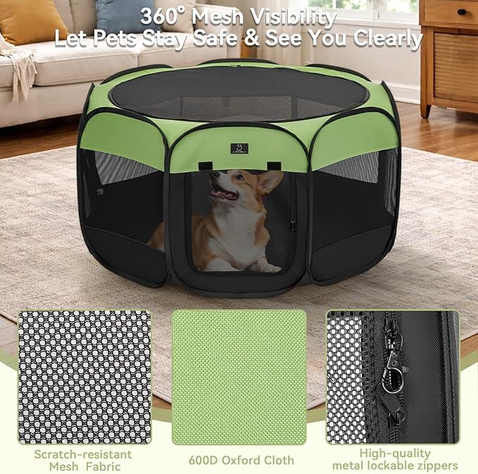 Dog Playpen for Small Dogs & Puppies, 50.39" Portable Indoor Outdoor Puppy Playpen with Bowl, Waterproof Floor, Foldable Pop-Up Pet Pen for Home, Travel & Daily Use, Green+Black