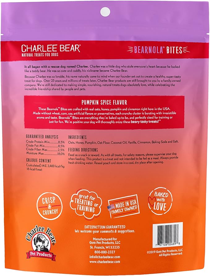 Charlee Bear Bearnola Bites Dog Treats, Pumpkin Spice Flavor, 8oz (Pack of 2)