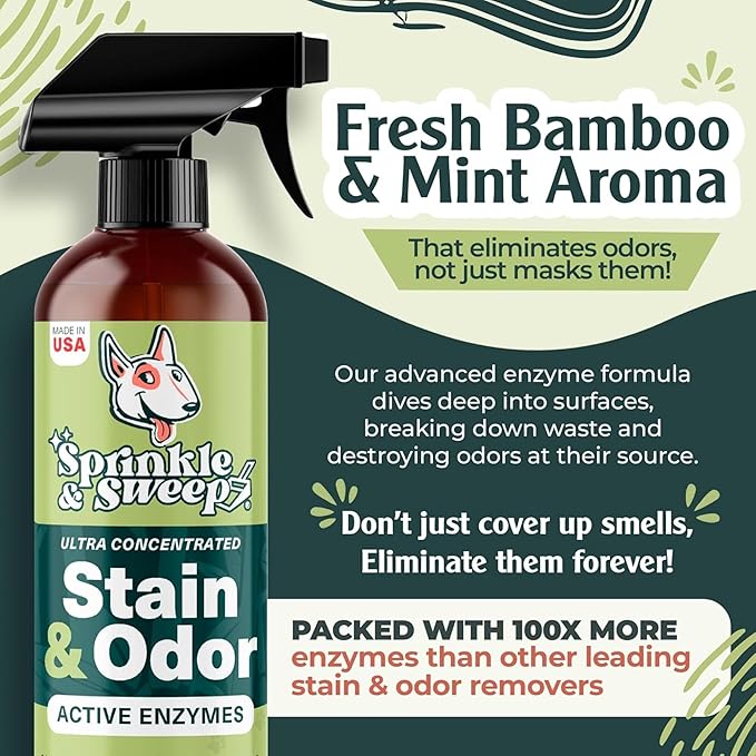 Sprinkle & Sweep: Litter Box Deodorizer Bundle: 8oz Bag, Speed Sifter, 24oz Odor & Stain Spray - Cat-Kitten Litter Care, Enzyme Spot Treatment Cleaner