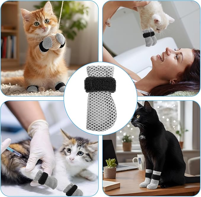 Qianyu 4 Pcs Cat Boots Anti Scratch Mittens Gloves Mesh Cat Claw Protectors Foot Covers Adjustable Breathable Kitten Shoes to Prevent Scratching for Pet Bathing Feeding Cutting Nails Trimming