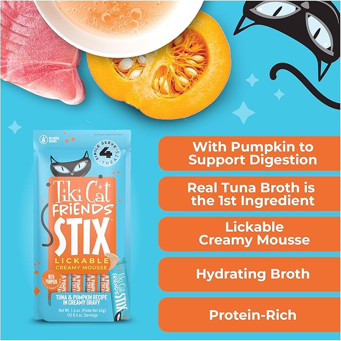Tiki Cat Friends Stix Mousse Treats, Single Serve Lickable Treat or Dry Food Topper, with Tuna & Pumpkin in Gravy, 1.6 oz. Pouch