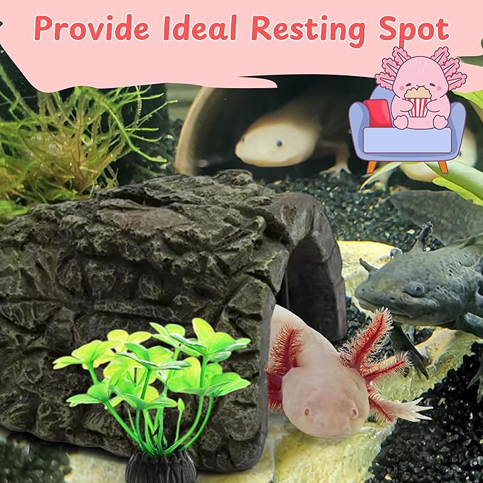 Axolotl Hides for Aquarium and Fake Water Plants Set, Axolotl Cave Aquarium Plastic Tree, Tortoise Turtle Hideout, Fish Tank Decor, Axolotls Tank Accessories, Turtle Tank Accessories (Plant Cave, L)