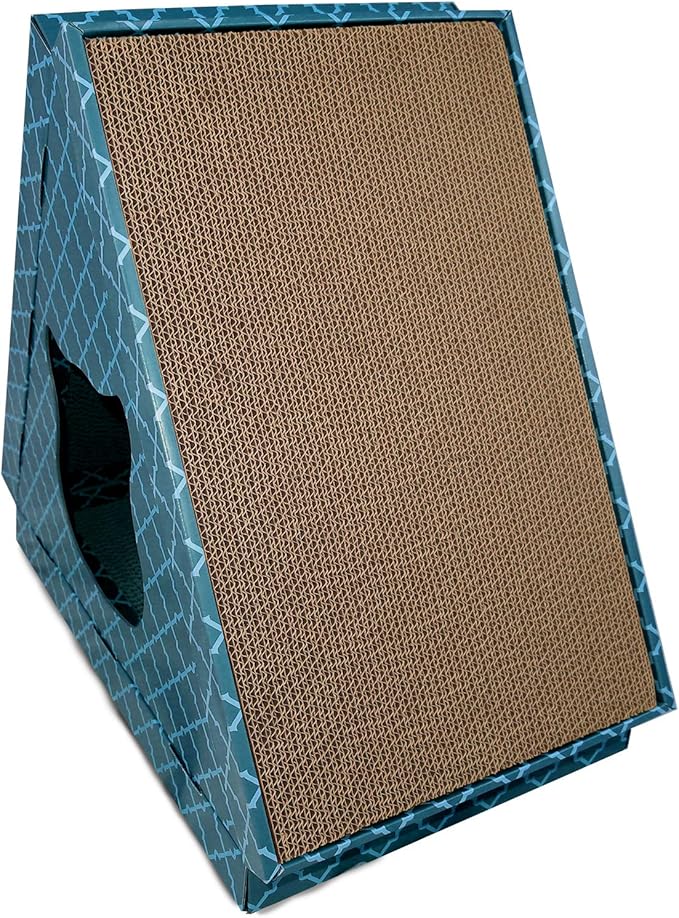 Furhaven Cardboard Hideout w/ Catnip for Indoor Cats, Ft. Scratching Pads - Tiger Tent Corrugated Cat Scratcher Hideout - Teal, One Size