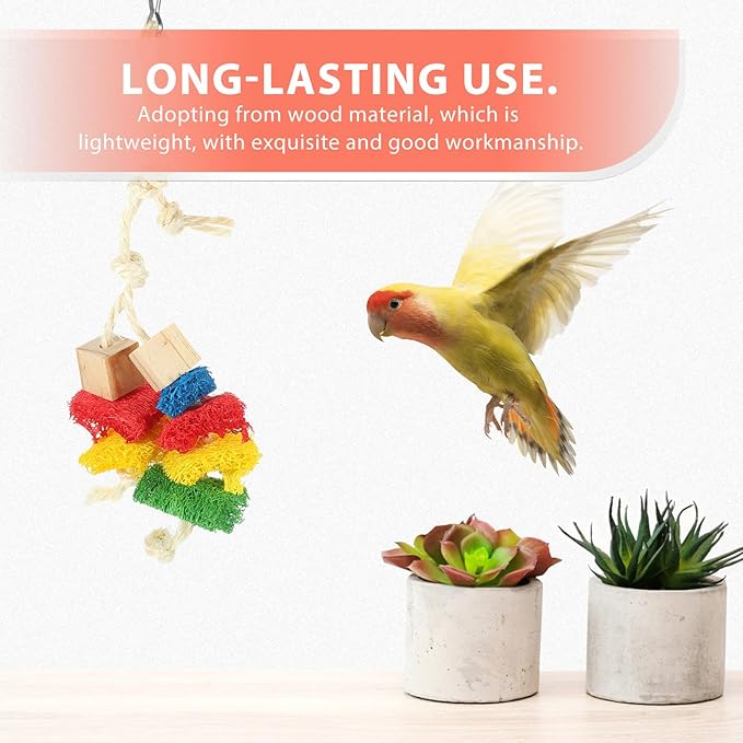Natural Parrot Chewing with Blocks and Loofah Rope Hanging Bird Cage Accessory for Parrots and Birds Fun Bite to Reduce Boredom and Keep Pets Engaged