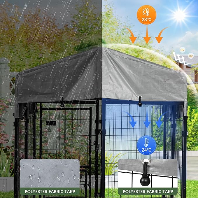 HOGYME Outdoor Dog Kennel with Roof, Dog Kennel Outside with 2 Dog Bowls, Large Dog House Pen Dogs Run Enclosure with Secure Lock and Wateproof Sunproof Cover (4'L x 4'W x 4.6'H) Black