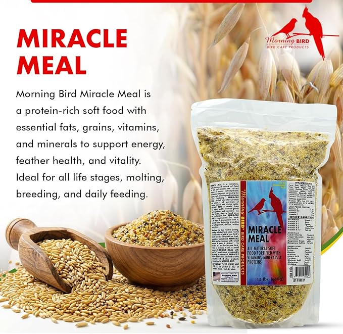 Morning Bird Miracle Meal 6 lbs. (4 Pack 1.5 Each) – Vitamin Fortified Soft Bird Food for Birds - All-Natural No Artificial Dyes, Flavors or preservatives - Supports Feather Strength & Breeding