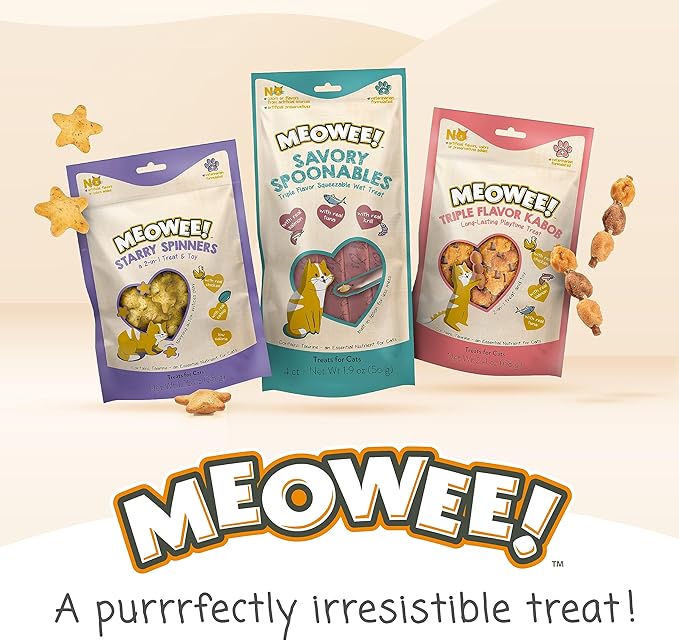 MEOWEE! Savory Spoonables with Real Tuna, Chicken & Duck, 4 Count Tube, Triple Flavor Squeezable Lickable Wet Treats for Cats with Built-in Spoon for Less Mess