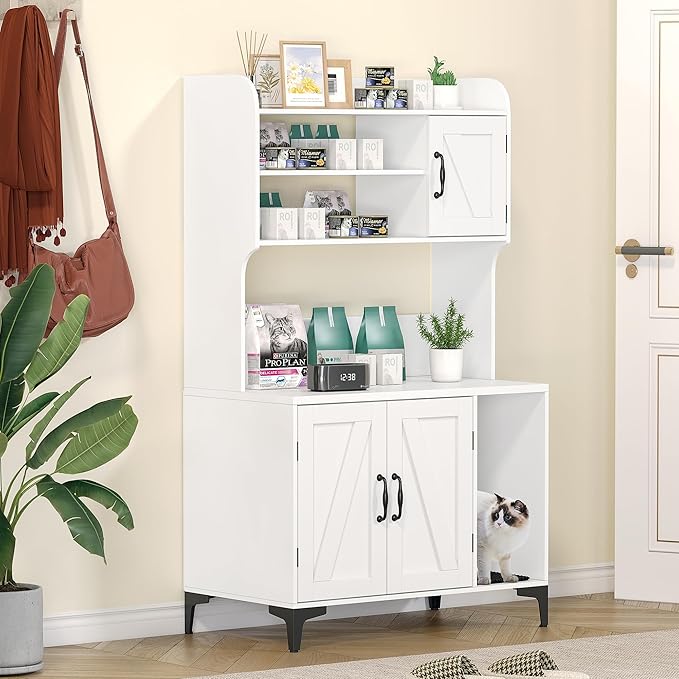 GarveeLife Cat Litter Box Enclosure with Shelves, Litter Box Cabinet, Hidden Cat Box Furniture with Scratching Mat, Wood Sturdy Cat Washroom Storage, Indoor Cat House, White