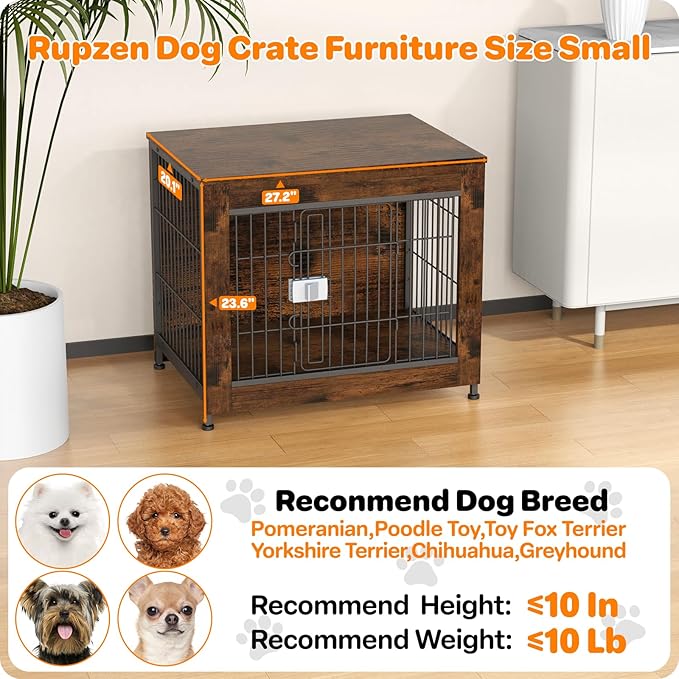 Escape Proof Decorative Dog Crate Furniture with Wooden Top, 27in Furniture Style End Table and Secure Indoor Kennel, Anti Anxiety for All Breeds, Aged Black