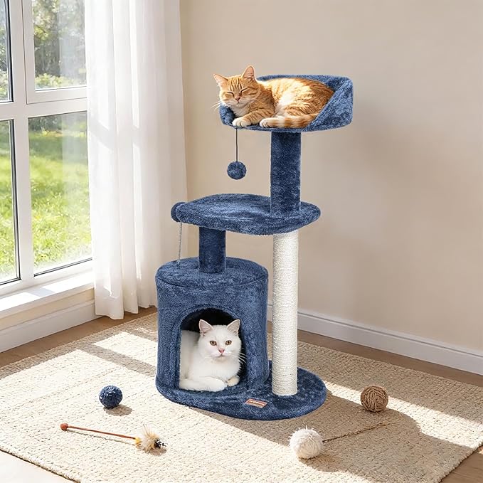 ClevaHome 33.5" Small Cat Tree Tower for Indoor Cats, Modern Kitten Condo with Sisal Scratching Post and Hanging Ball for Play, Denim Blue