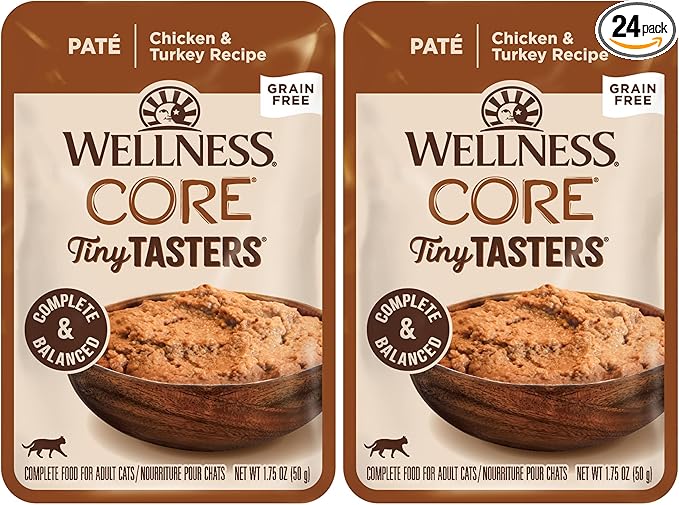 Wellness CORE Tiny Tasters Pate Adult Wet Cat Food,Natural,Protein-Rich,Grain Free,1.75 Ounce Pouch (Chicken & Turkey),(Pack of 24)