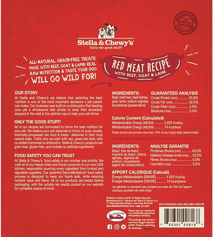 Stella & Chewy's Freeze-Dried Raw Wild Weenies Dog Treats - High-Protein Training Treats for Dogs & Puppies - All-Natural Red Meat Recipe with 97% Meat & Organs - USA Made - 3.25 oz Bag (Pack of 2)