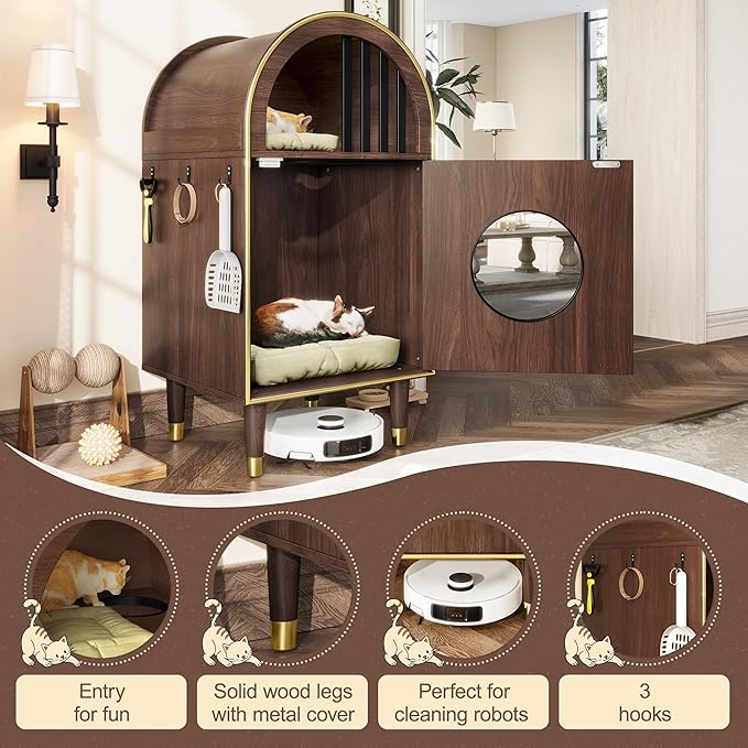 Cat Litter Box Enclosure Condo, 2-Tier Cat Bed Furniture with Arch Design, Indoor Cats Shelter for Two Cats, Cozy Kitty House with Raised Legs and Hooks, Espresso