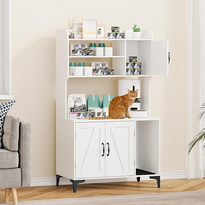 GarveeLife Cat Litter Box Enclosure with Shelves, Litter Box Cabinet, Hidden Cat Box Furniture with Scratching Mat, Wood Sturdy Cat Washroom Storage, Indoor Cat House, White