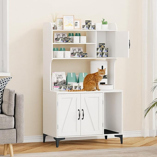 GarveeLife Cat Litter Box Enclosure with Shelves, Litter Box Cabinet, Hidden Cat Box Furniture with Scratching Mat, Wood Sturdy Cat Washroom Storage, Indoor Cat House, White