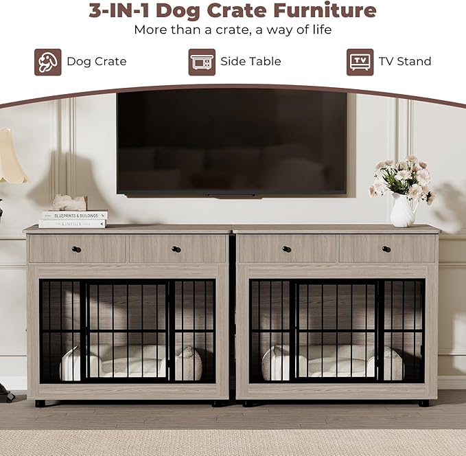 40 inch Dog Crate Furniture-Farmhouse Dog Kennel with Drawers-Heavy Duty End Table Wooden Pet Crate, Decorative Dog House Indoor for Small Medium Large Dog, Oak Grey