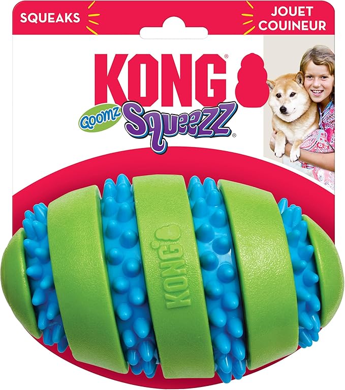 KONG Goomz Dog Toy – Durable Squeaky Chew Ball for Dental Health, Teeth & Gums Massage, Indoor/Outdoor Fetch Play (Football/Ball Combo)