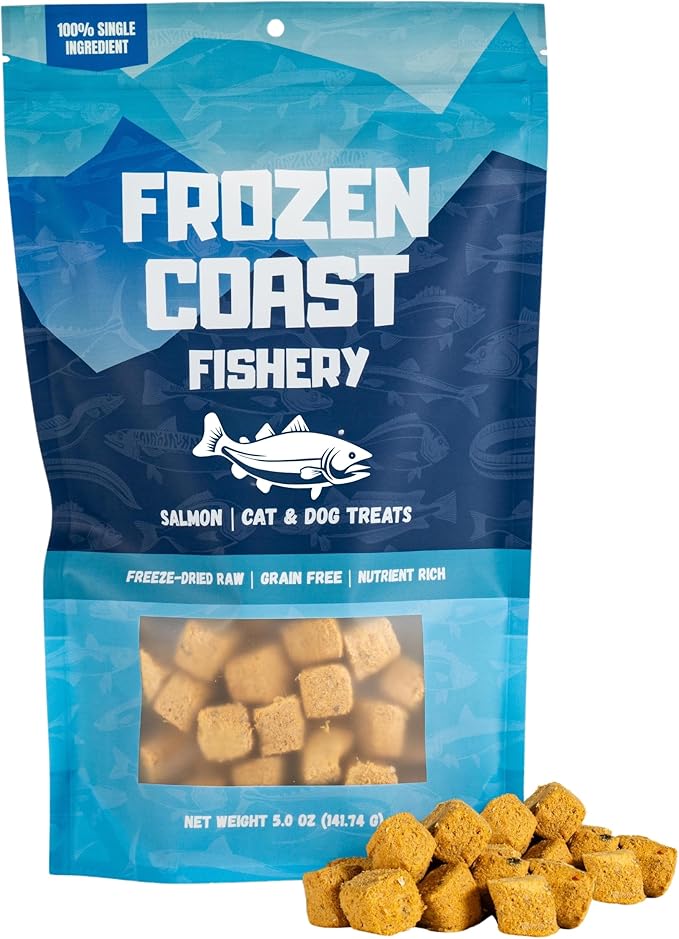 Frozen Coast Freeze-Dried Wild-Caught Salmon Cat & Dog Treats-Single-Ingredient, Omega-3, Grain-Free (5 oz Bag)