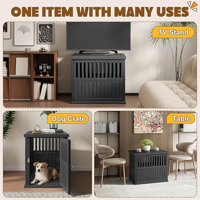 Bifanuo 30-Inch Dog Crate Furniture, Heavy Duty Dog Crate for Medium and Small Dog, Lockable Indoor Outdoor Dog Kennel & End Table, Decorative Plastic Pet Cage (Classic Black, 29.5" x 21"x 25.2")