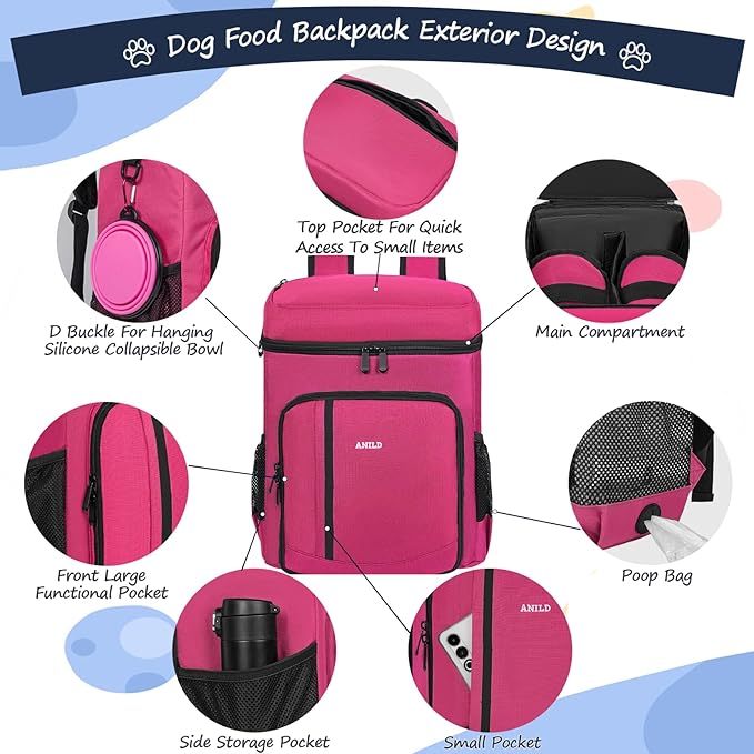 ANILD Dog Travel Bag Backpack, Flight-Ready TSA-Approved Dog Travel Bag with 2 Leak-Proof Food Canisters, 7 Foldable Silicone Bowls, Multi-Compartment Organizer for Hiking, Camping, Dog Mom Essentials